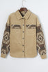 Khaki Aztec Print Patchwork Frayed Edge Corduroy Jacket